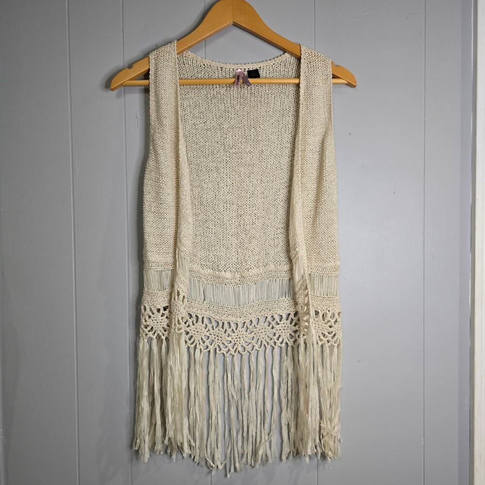 Love by Design Ivory Cream Crochet Fringe‎ Vest Festival Fairy Boho Hippie Sz XS